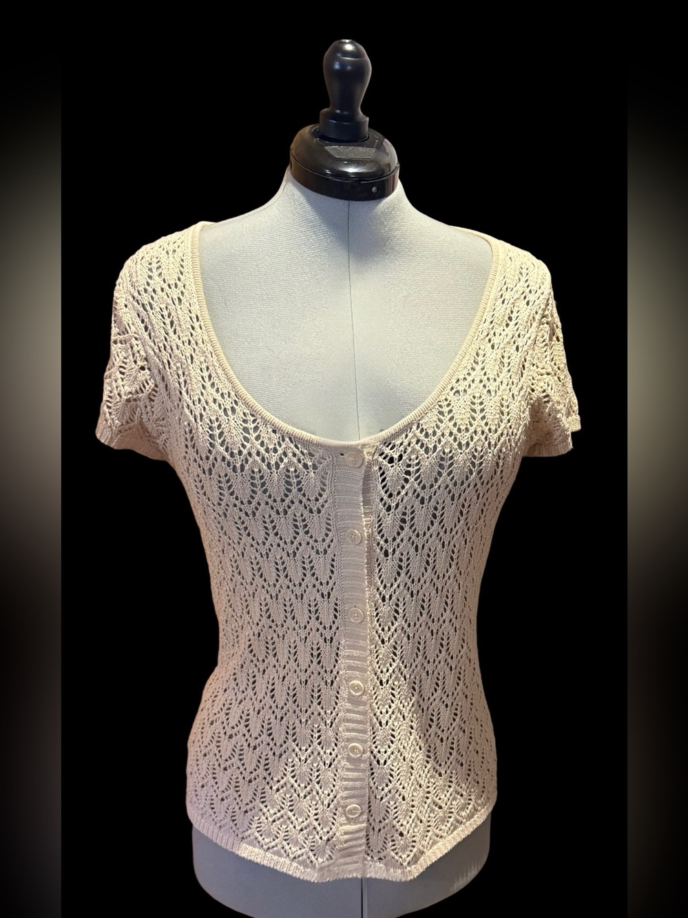 VTG Axcess by Liz Cap Sleeve Chevron Lace Crochet Button Up Cardigan Size XL
